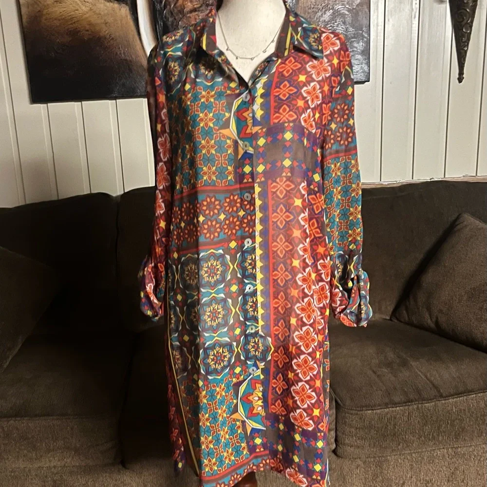 Multiples ~ Medium ~ Vintage ~ Mandala Design ~ Fall Colors ~ Tunic Blouse - Picture 15 of 16
